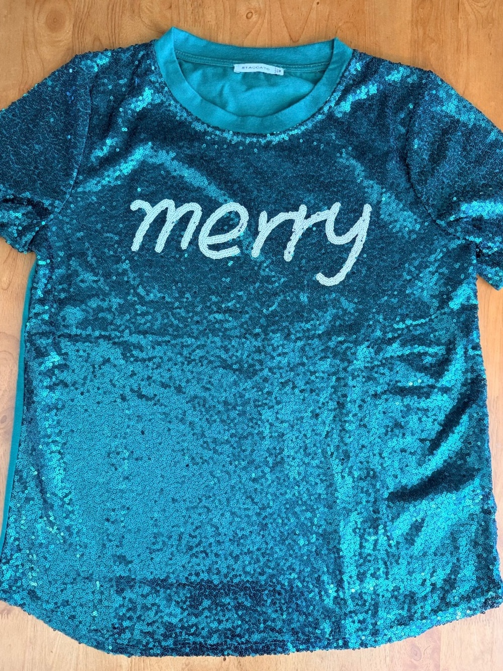 Staccato Merry Green Sequin Short Sleeve Holiday Top Womens Medium 648